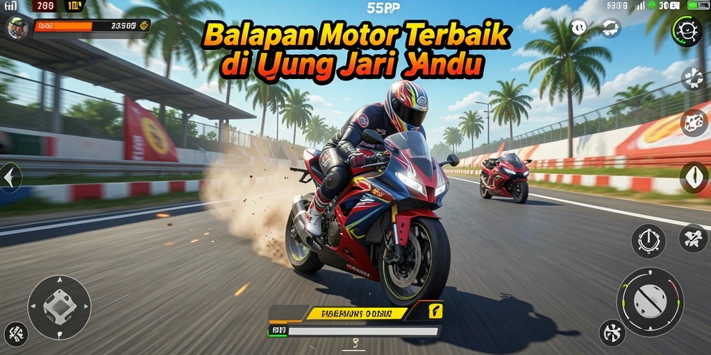 Tangkapan layar 55RP menunjukkan aksi balapan motor yang mendebarkan.