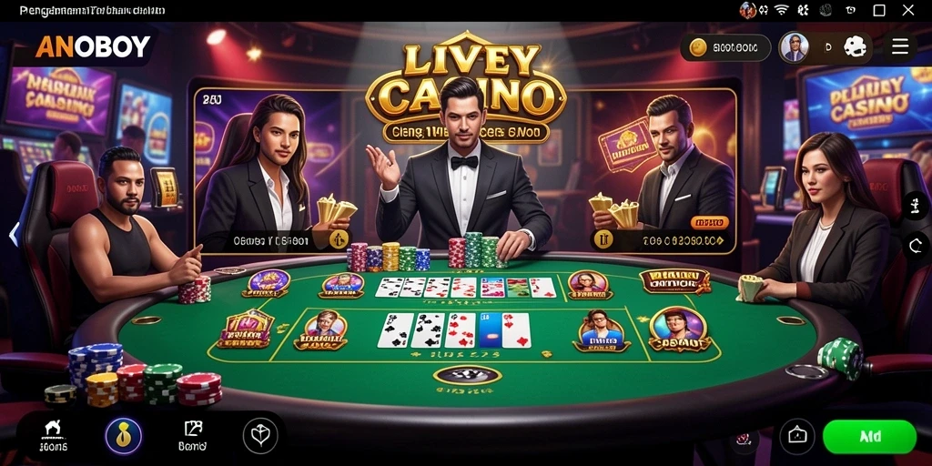 Screenshot gameplay ANOBOY menampilkan dealer langsung dan interaksi pemain.