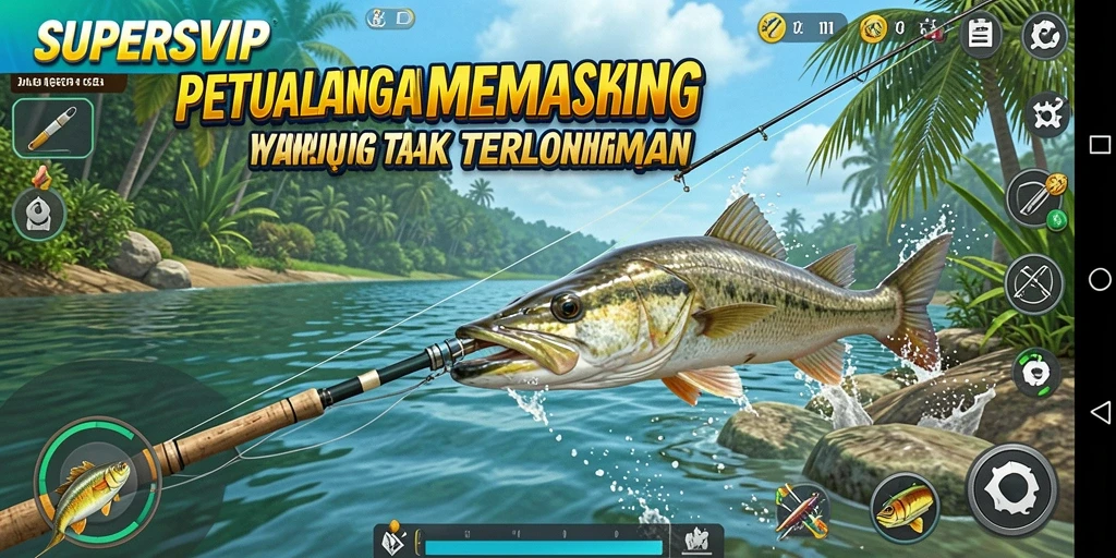 Screenshot gameplay SUPERSVIP menampilkan aksi memancing yang mendebarkan.