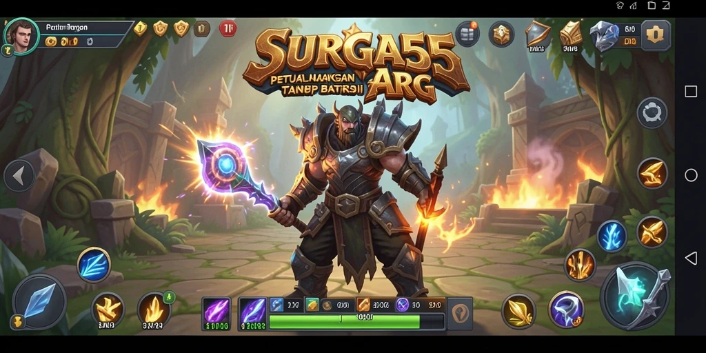 Screenshot utama SURGA55 menampilkan karakter beraksi dalam pertarungan ARPG.