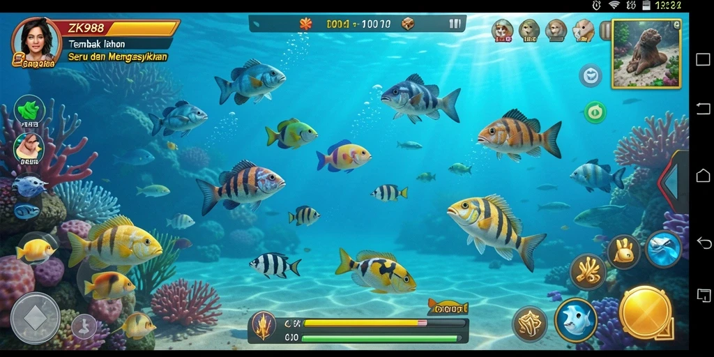 Screenshot gameplay ZK988 menunjukkan aksi menembak ikan yang mendebarkan.